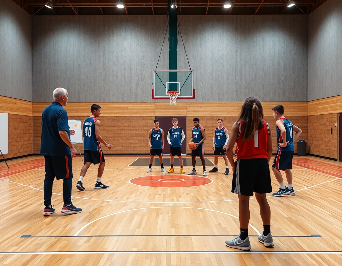 Groupe U15 en drill de basket dans un gymnase, coach dirigeant une séquence tactique.