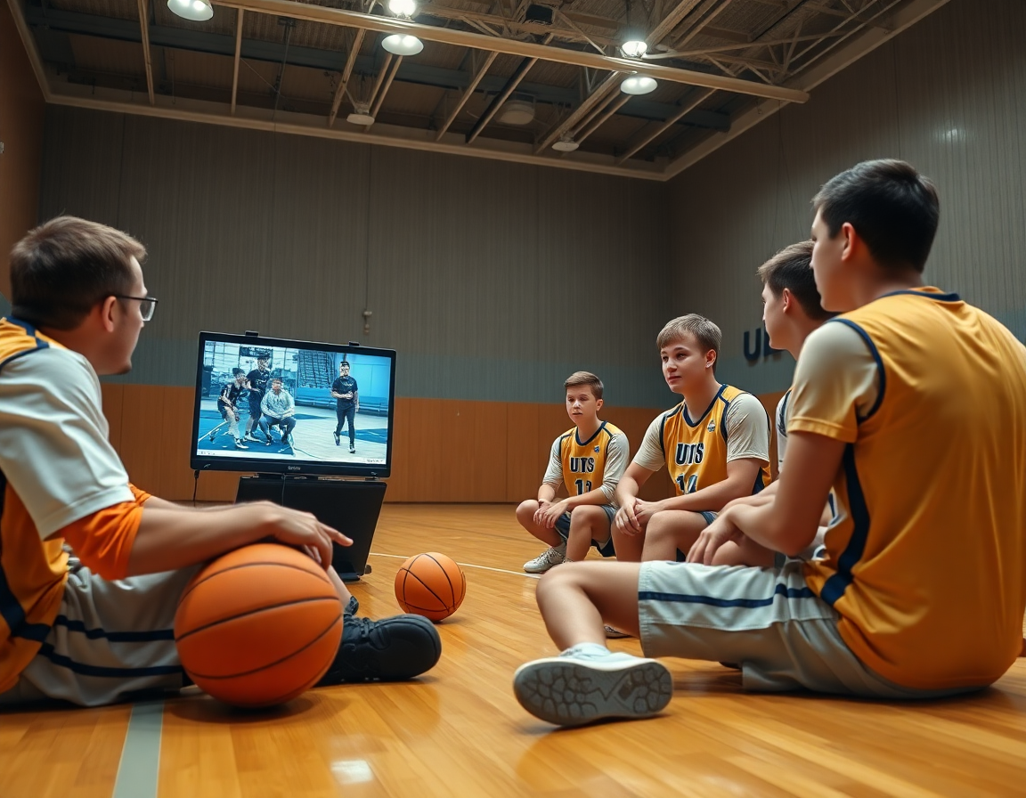 Analyse vidéo basketball dans le gymnase, coach et joueurs U15 autour de l'écran.
