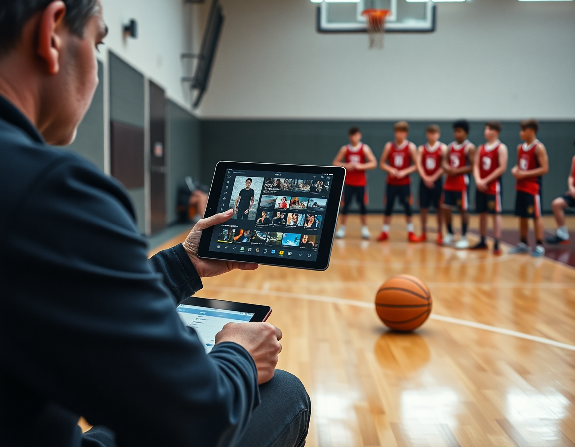 Coach prépare des clips basketball pour l'adversaire, joueurs U15 suivent attentivement, échangeant idées tactiques.