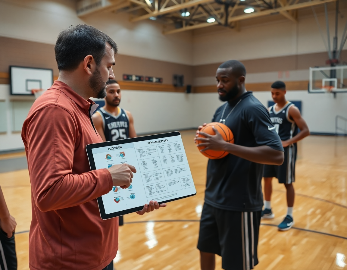 L equipe sur le terrain tablette montrant un PDF tactique coach expliquant le parquet basketball.