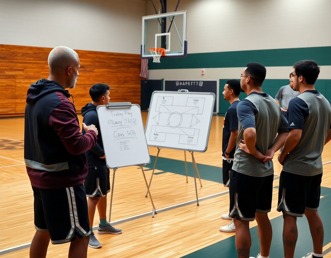 Gros plan sur le coach dessinant une action sur le tableau tactique basketball pendant l'entraînement.
