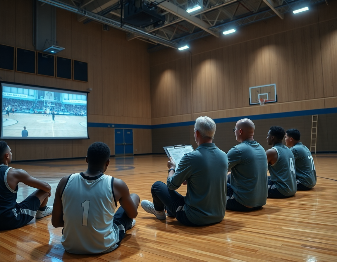 Plan serré sur des joueurs regardant des clips basketball sur un écran, l'entraîneur note les actions.