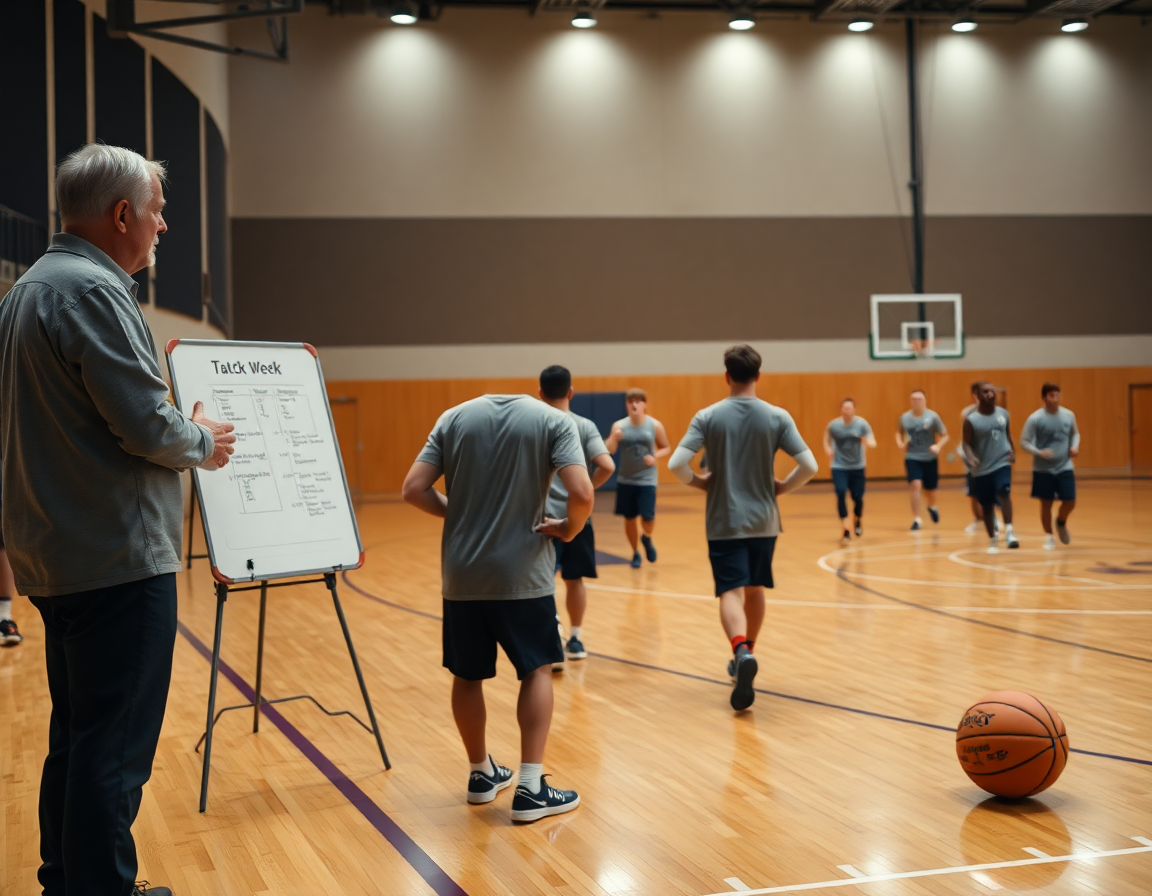 Plan de défense à la semaine affiché sur le tableau blanc, coach et joueurs de basketball en gym.