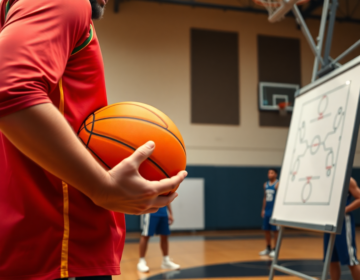 Plan serré sur le coach dessinant un top basketball sur le tableau tactique, balle de basketball en main.