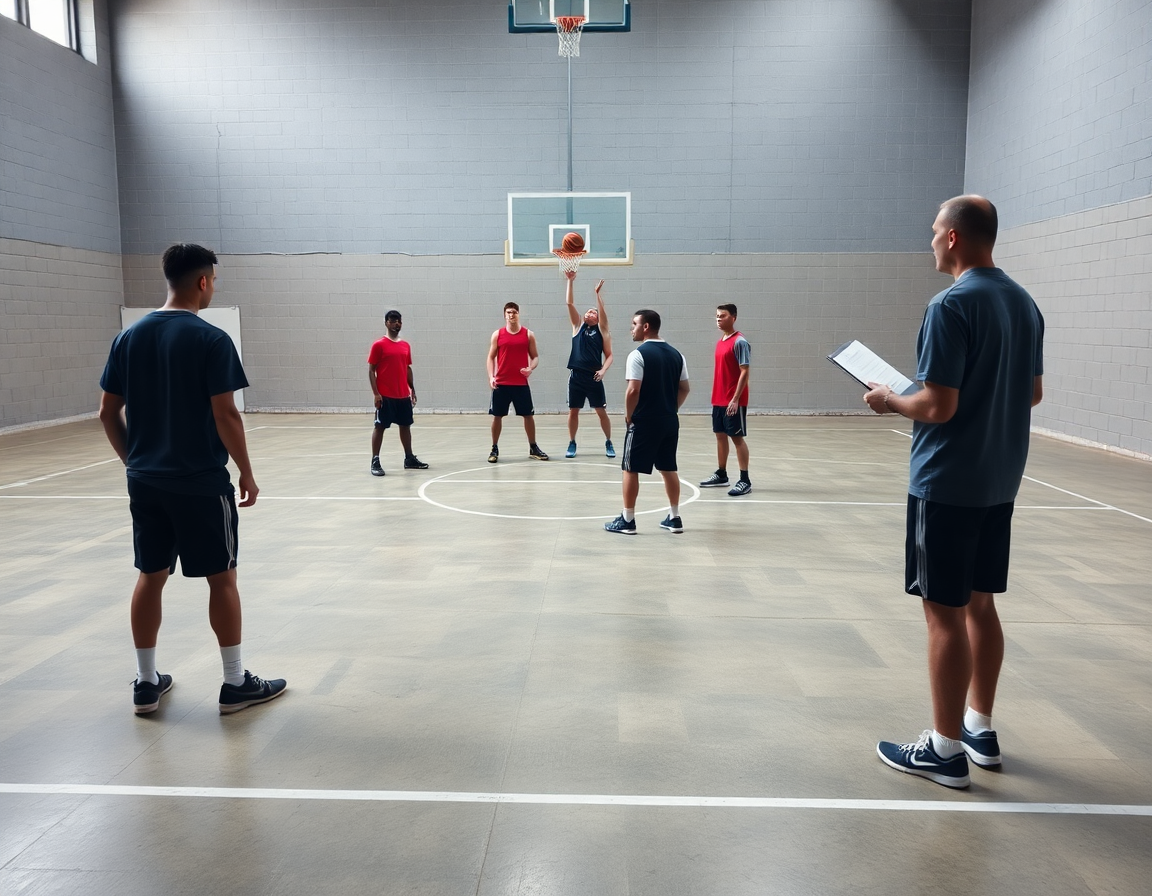 Plan large montrant cinq joueurs autour de la peinture, zone defense basket expliquée par le coach.