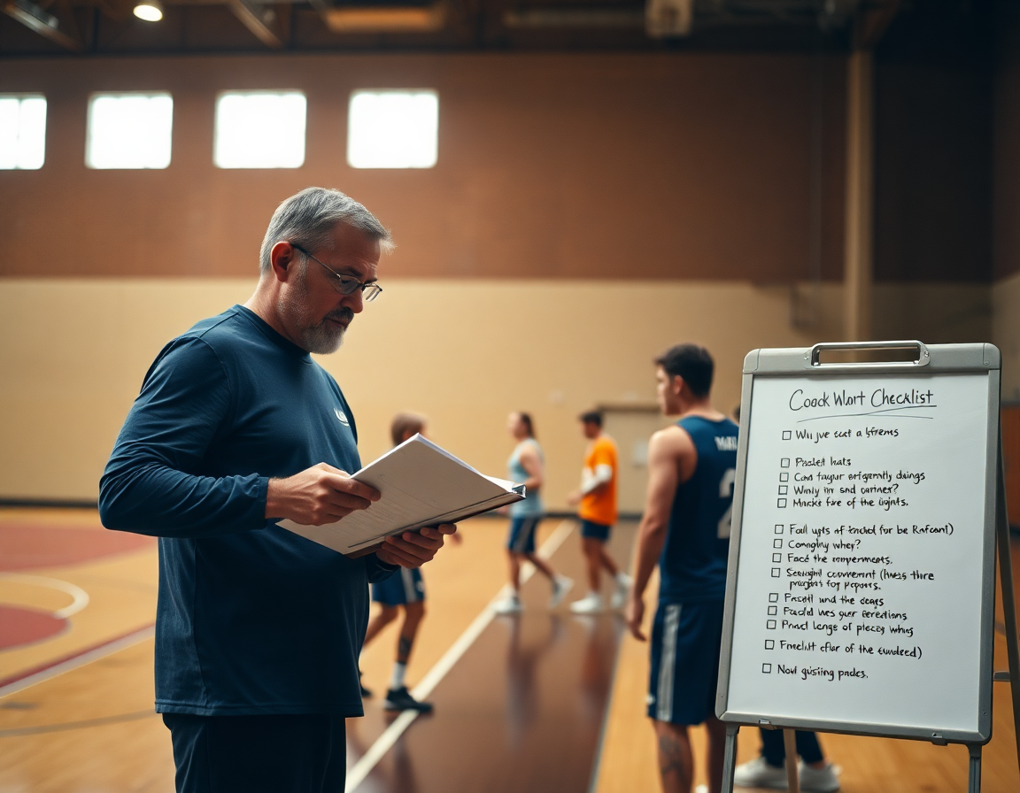 Plan moyen montrant l'entraîneur avec clipboard et une checklist près du paint, zone defense basket.