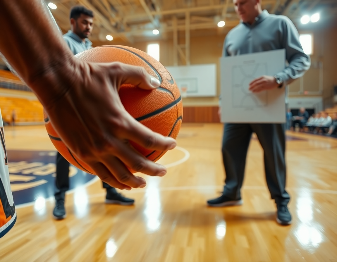 Primo piano su mani e pallone durante una chiamata tattica di allenamenti basket in palestra.