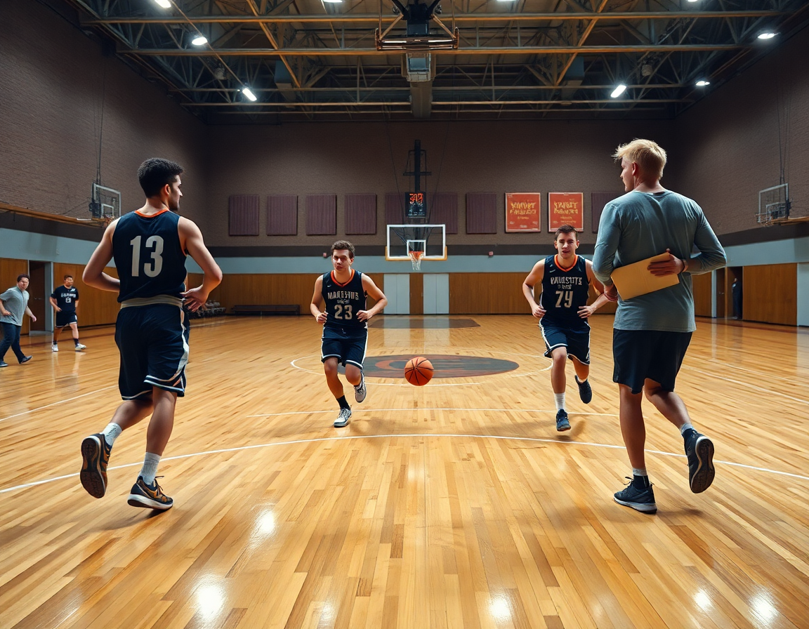 scena ampia: allenamenti basket con giocatori che corrono vicino al mezzo campo sotto luci da palestra.