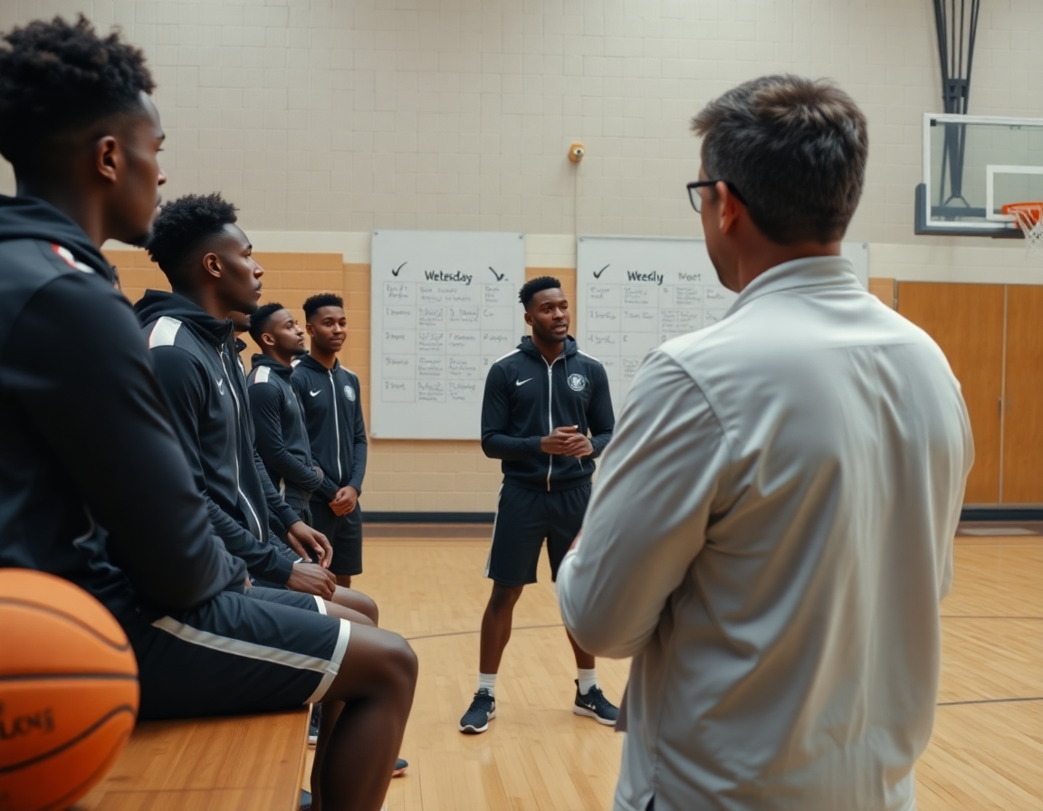 Dettaglio ravvicinato di allenamento basket: coach spiega la settimana di lavoro ai giocatori.