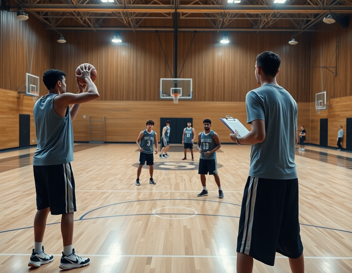 Due giocatori eseguono dribbling, tiro e passaggio durante un esercizio sul parquet del basket.