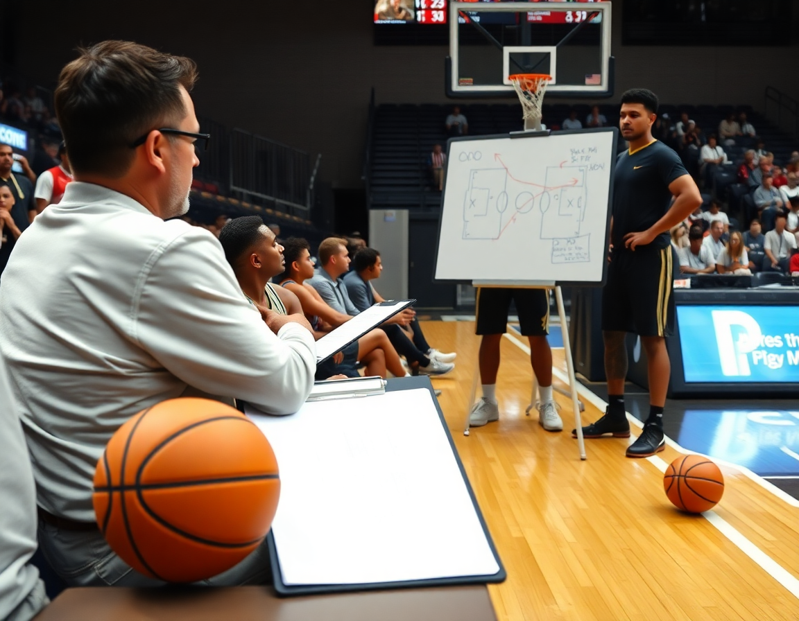 Allenatore sulla panchina schematizza azioni di basket con X e O sul tabellone.
