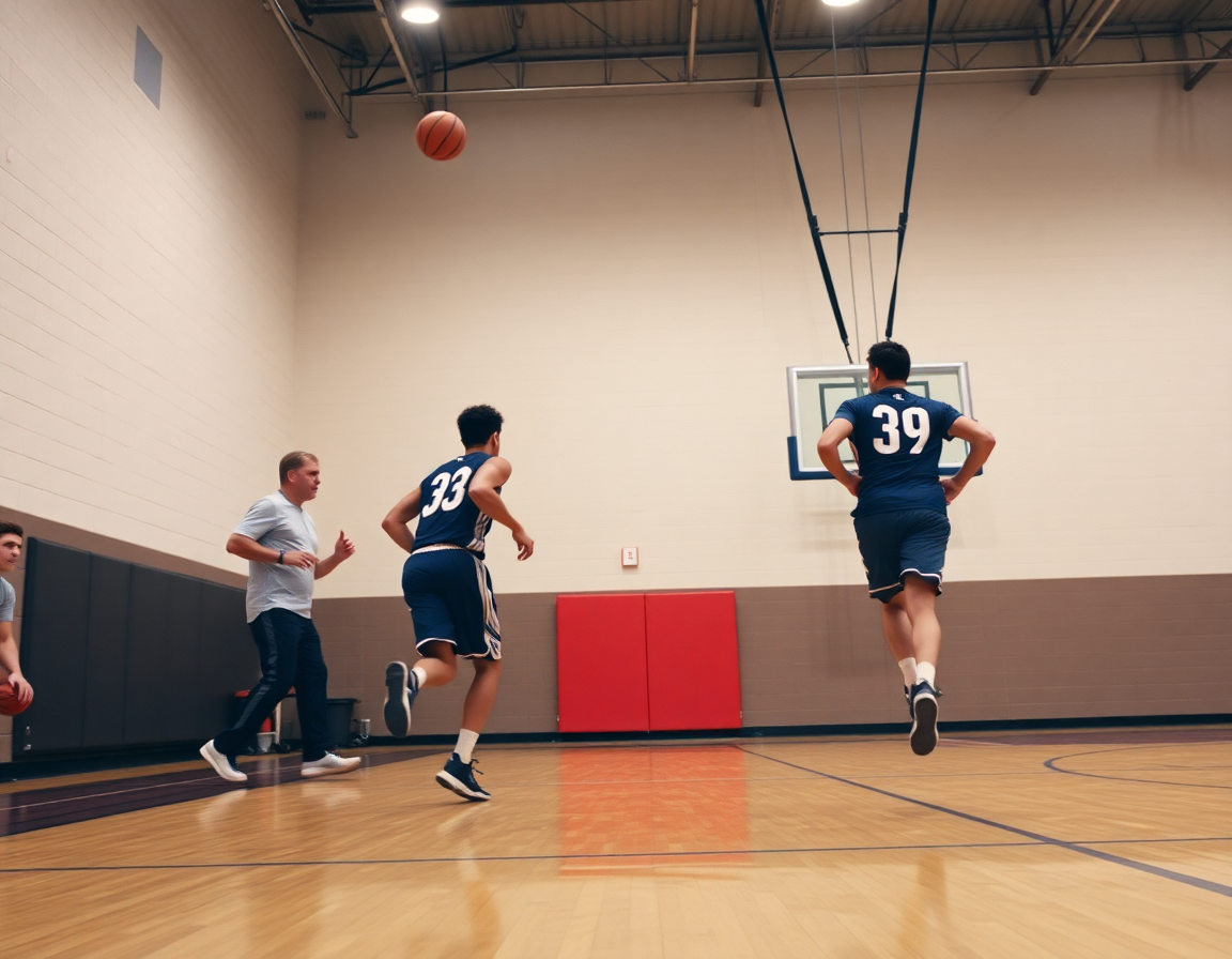 Allenamento basket durante drill di transizioni, coach spiega la tattica dal bordo del campo.