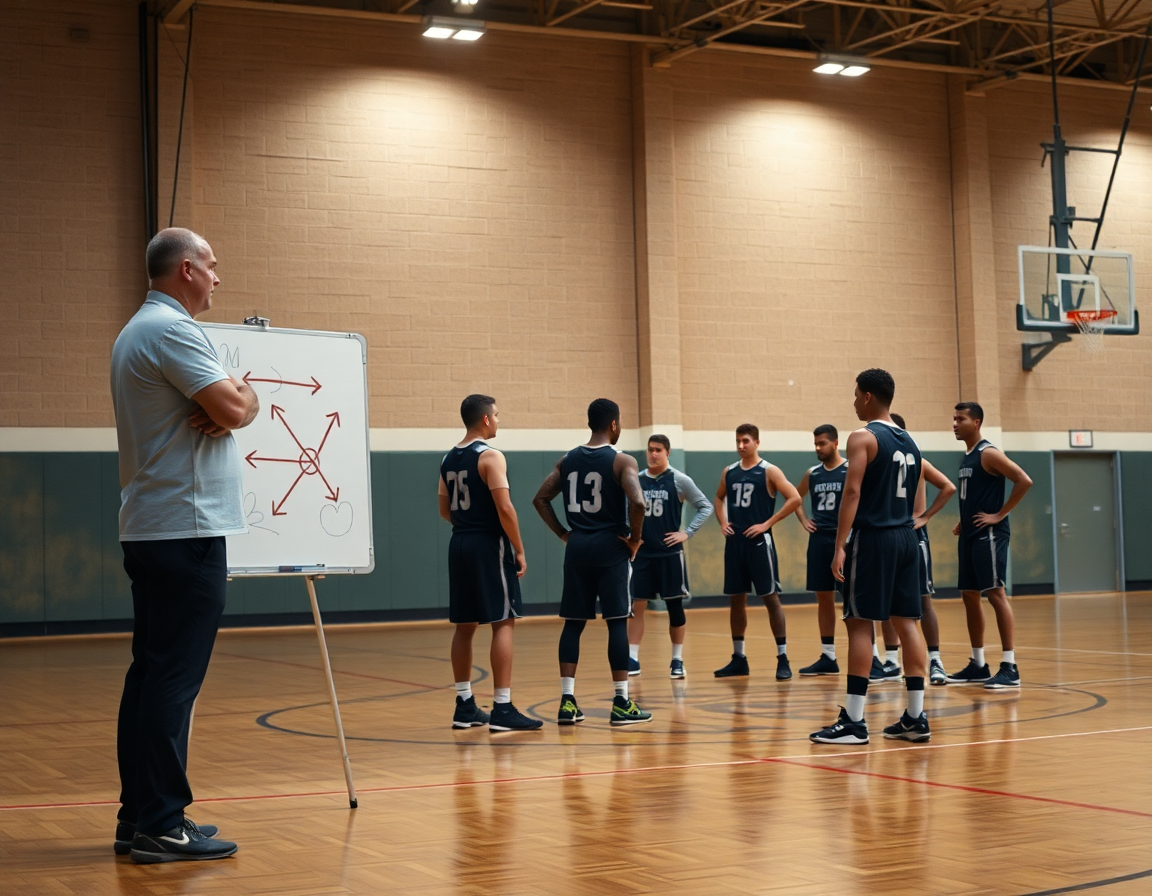 Allenamento basket: primo piano sulle mani, palla e lavagna tattica con frecce.