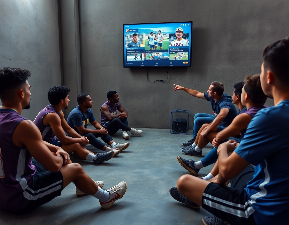 Allenamento basket: revisione video, giocatori seduti e coach che indica highlight sullo schermo.