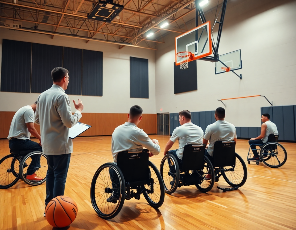Allenamento basket in carrozzina: coach pianifica una settimana tipo sul campo accanto ai giocatori.