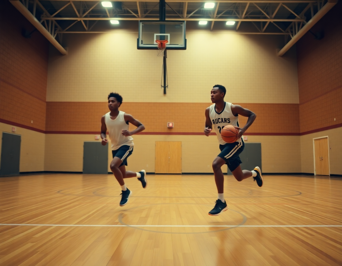 Players running a fast-break drill in practice