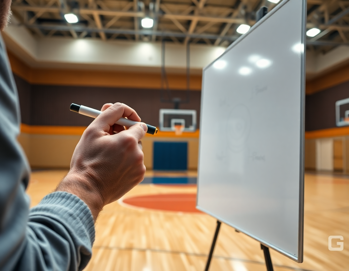 Primo piano sull'allenatore che illustra basket attacco alla zona sul whiteboard mentre i giocatori osservano.
