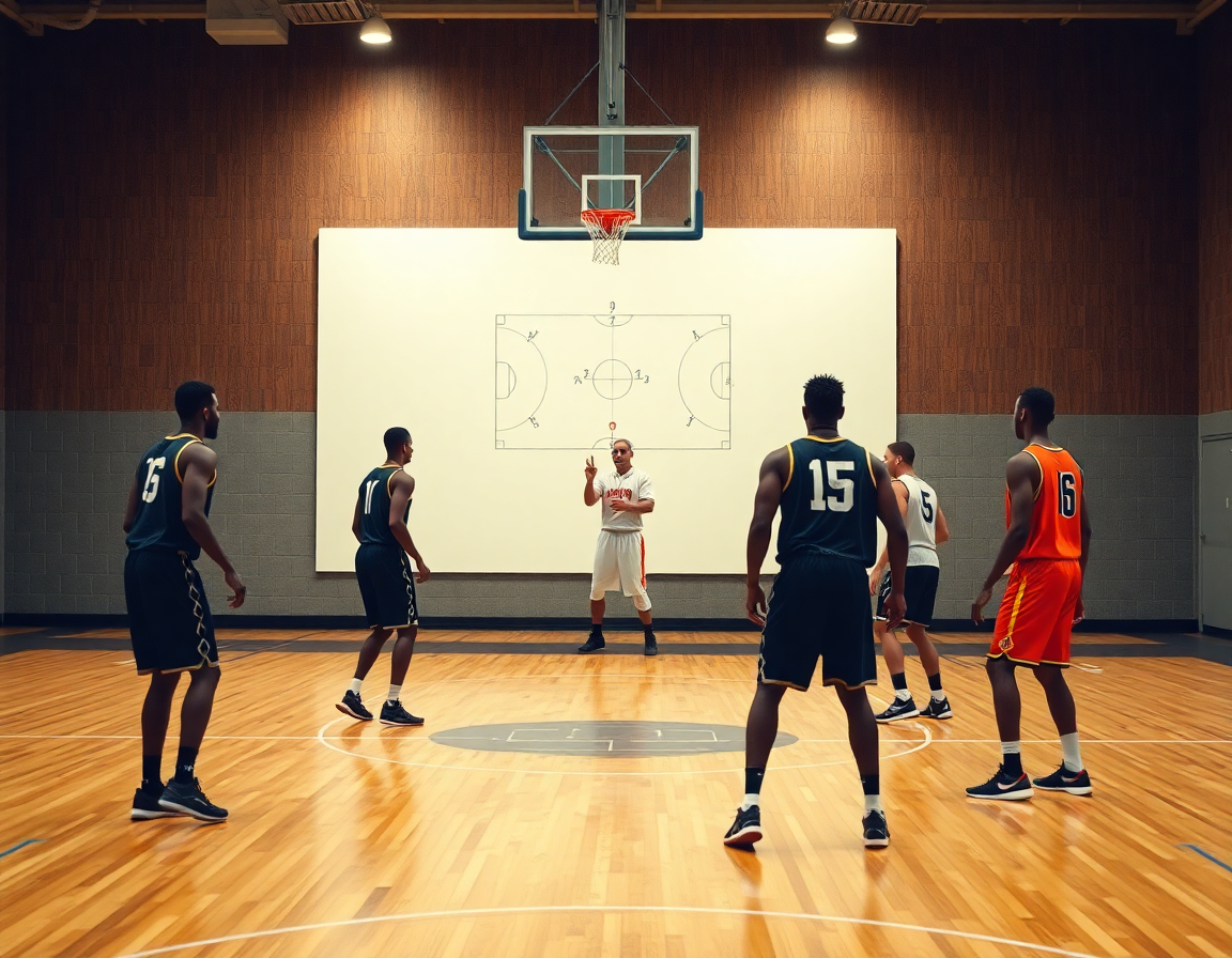 Primo piano su cinque giocatori che eseguono attacco basket 4 esterni 1 interno, coach al tavolo.