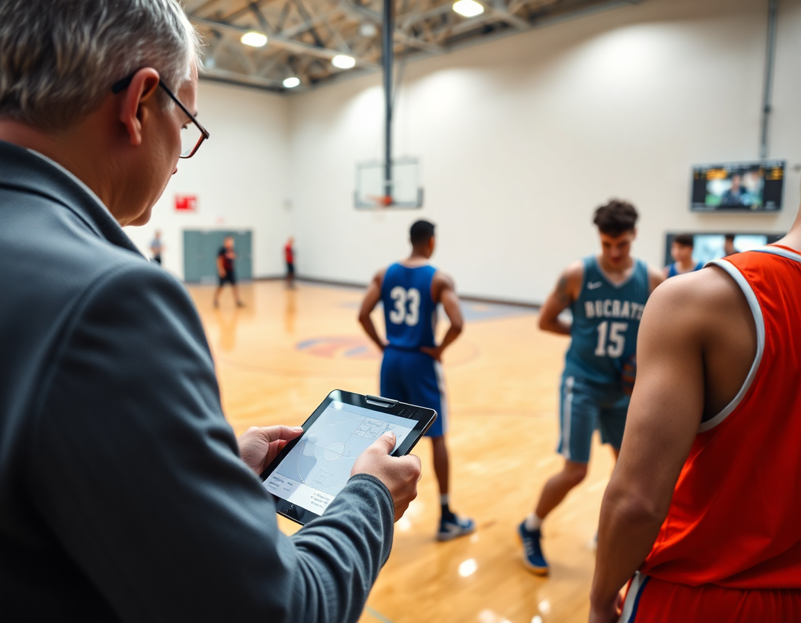 Scena di primo piano: coach con tablet pianifica attacco basket 4 esterni 1 interno mentre i giocatori corrono.