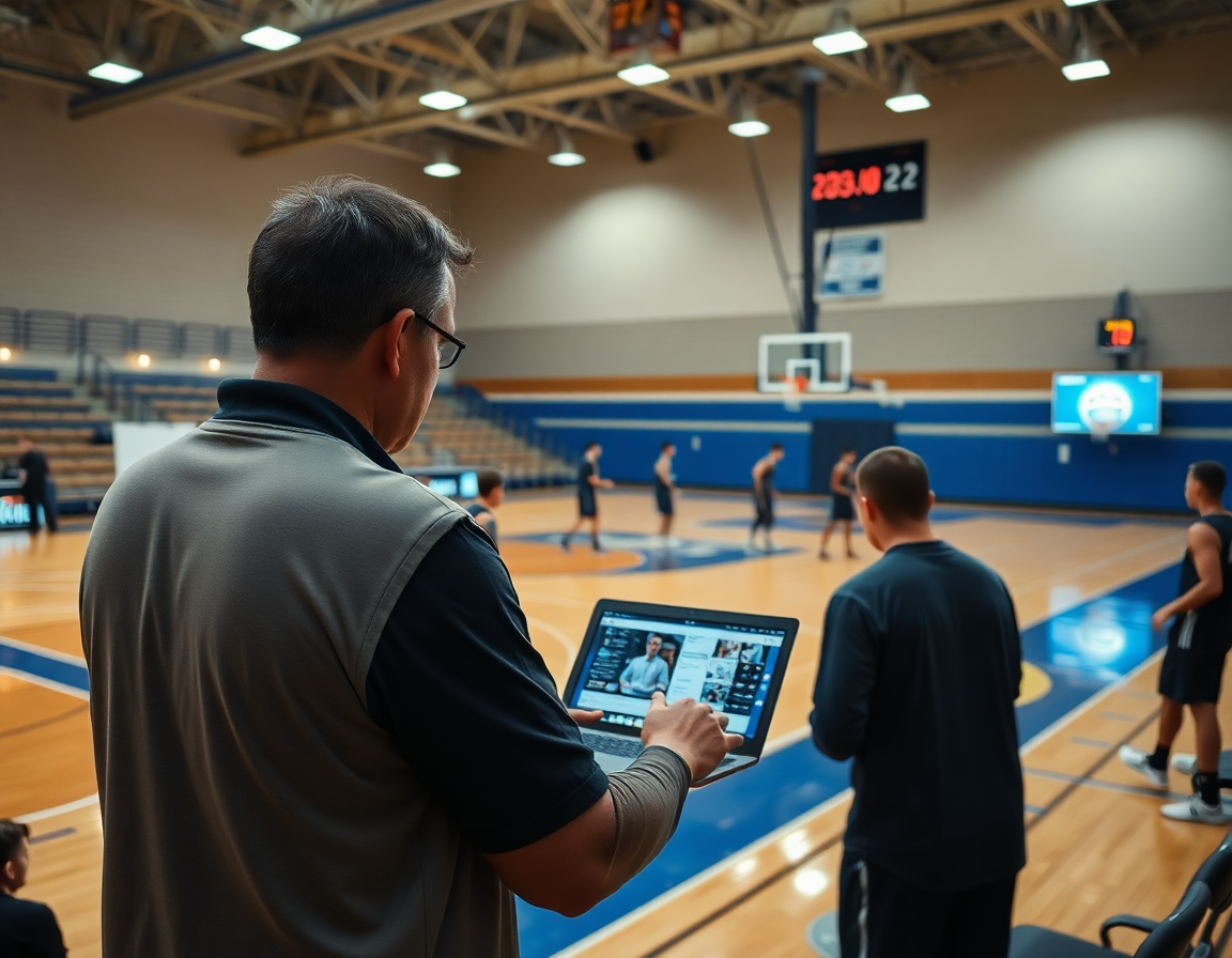 Analisi di scouting: attacco basket 4 esterni 1 interno, coach rivede clip sul laptop.