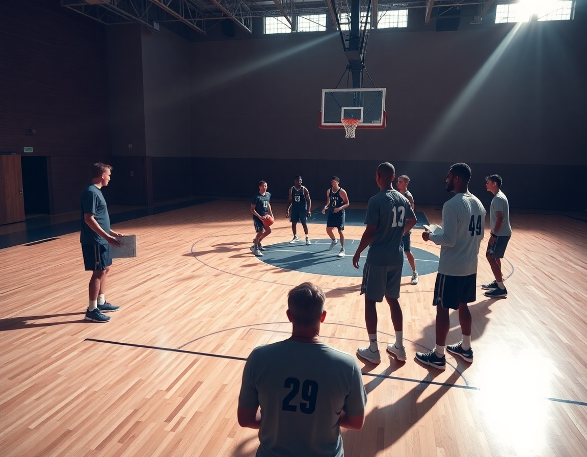 Primo piano su un drill di attacco e difesa basket durante un allenamento quotidiano.