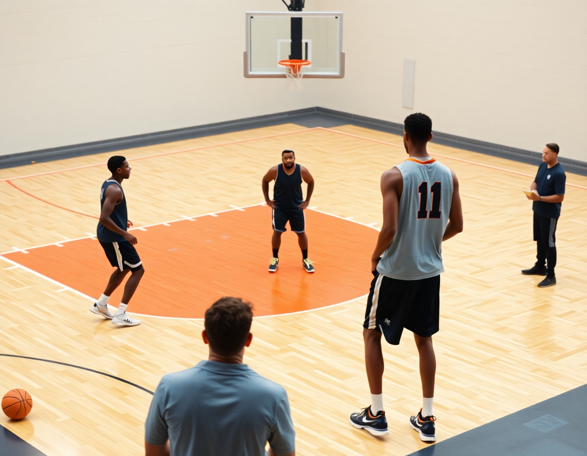 Tre giocatori distribuiti in apertura campo praticano attacco e difesa basket con movimenti senza palla.
