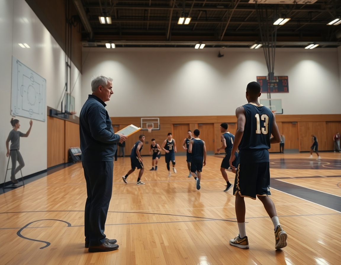 Allenatore con clipboard descrive attacco alla difesa a zona basket durante drill inside-out di basketball.
