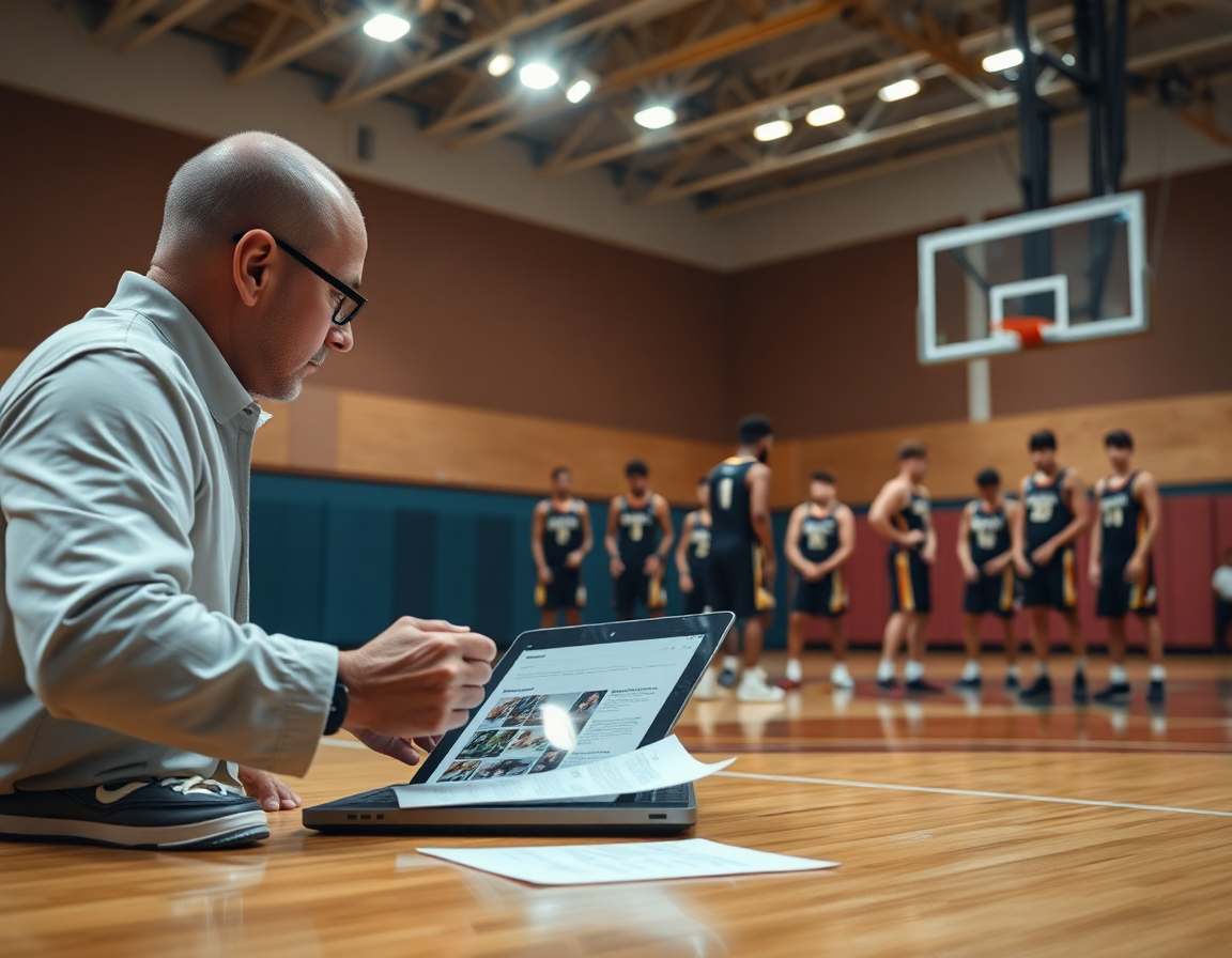 Allenatore rivede scouting sul tablet per attacco alla zona basket, mentre la squadra si allena sul basketball.