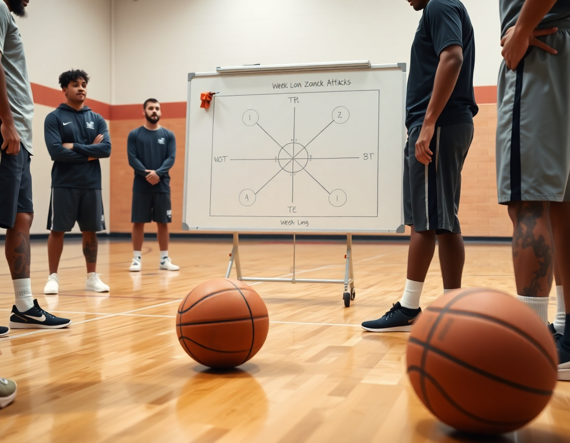 Dettaglio: coach mostra attacco zona basket sul whiteboard, giocatori concentrati sopra la palestra.