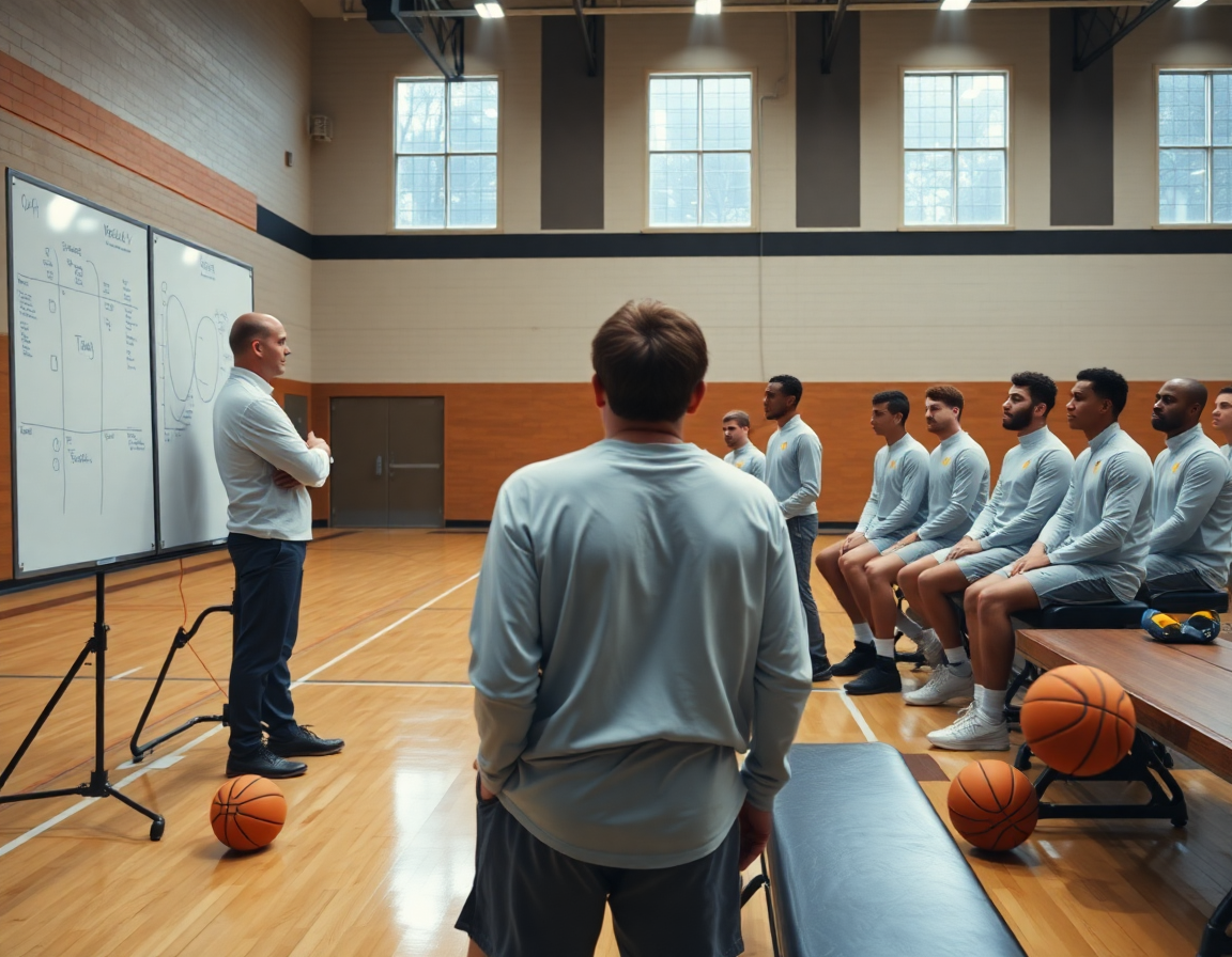 Primo piano sull'allenatore che indica l'attacco zona basket mentre i giocatori osservano.