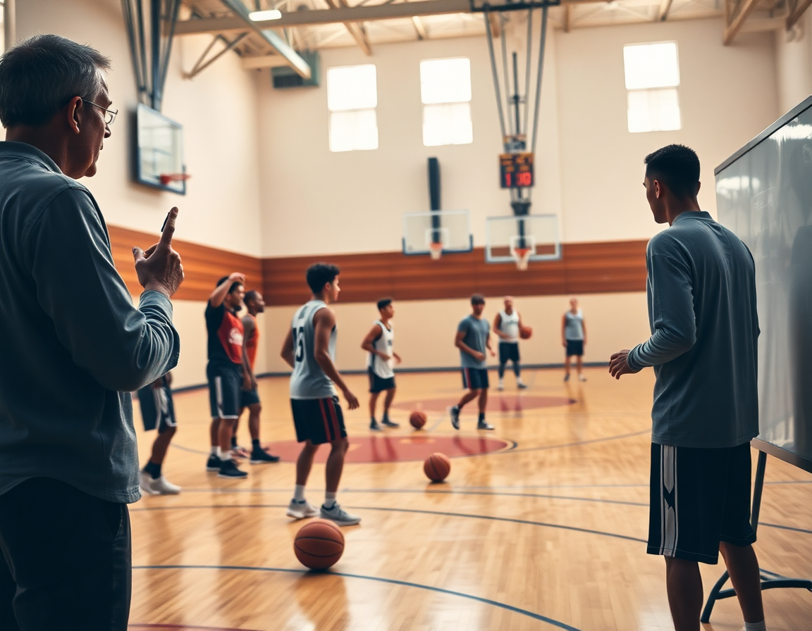 Scena di allenamento in palestra: attacco zona dispari basket guidato dall'allenatore con lavagna bianca.