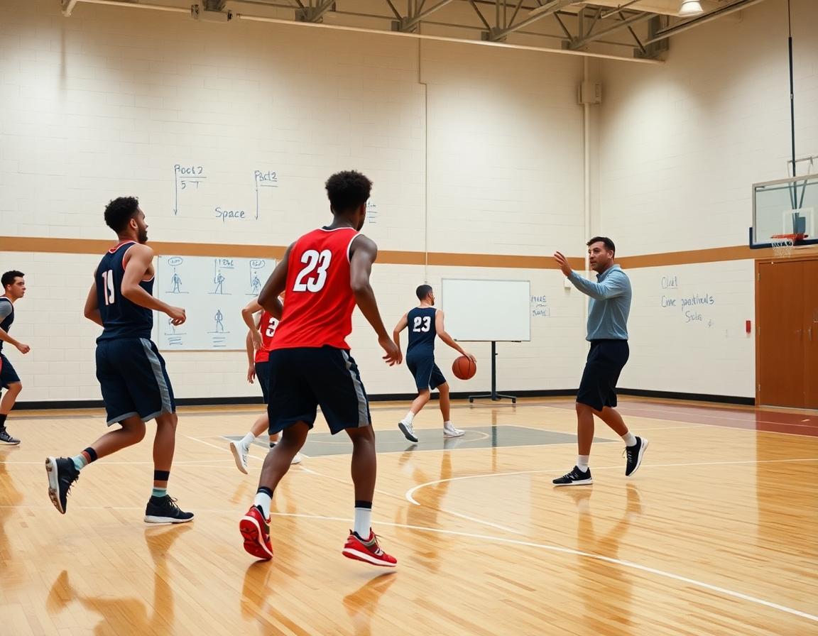 Giocatori eseguono una sequenza di passaggi e tagli, lavagna mostra lo schema di attacco zona dispari basket.