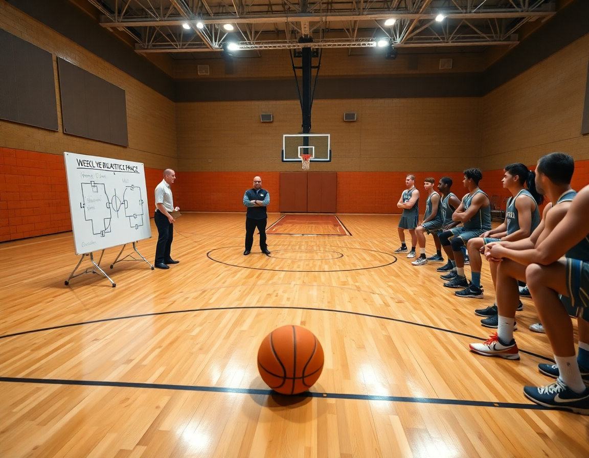Allenatore al centro mostra layout di basket attacco alla box and one durante l'allenamento.