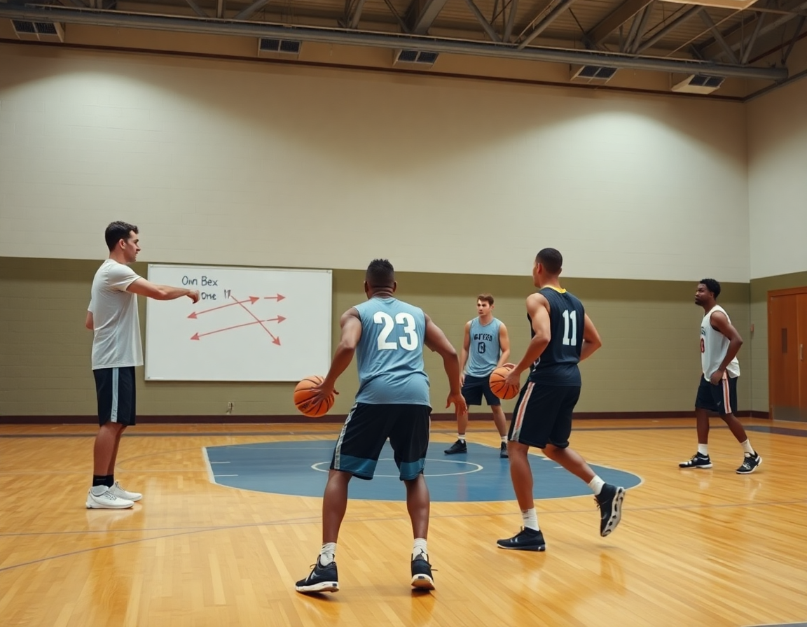 Allenatore al tavolo guida rotazioni contro Box and One, mentre i giocatori eseguono movimenti di basket.