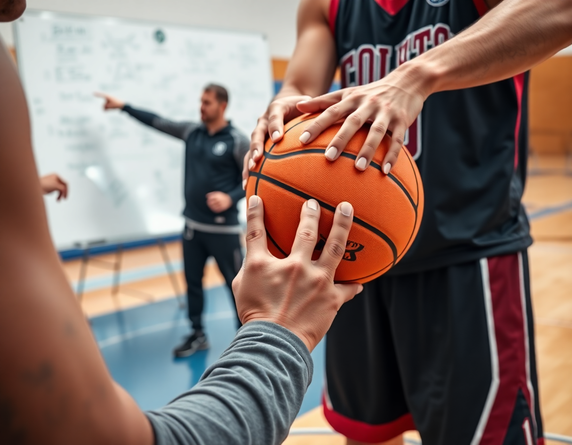 Dettaglio di basket attacco alla uomo: mani, palla e lavagna tattica in primo piano.