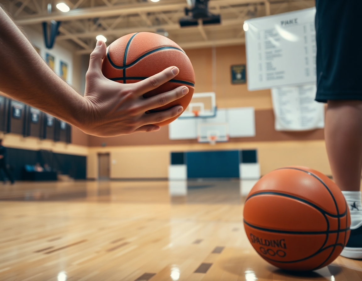 Primo piano sulle mani che reggono un basket mentre l'allenatore indica sulla lavagna tattica.