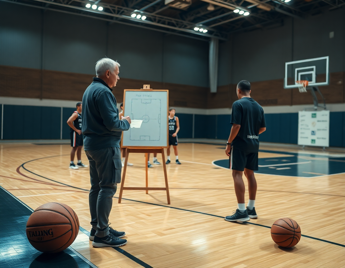 Allenatore davanti a lavagna tattica e giocatori osservano durante sessione di basket molto concentrata.
