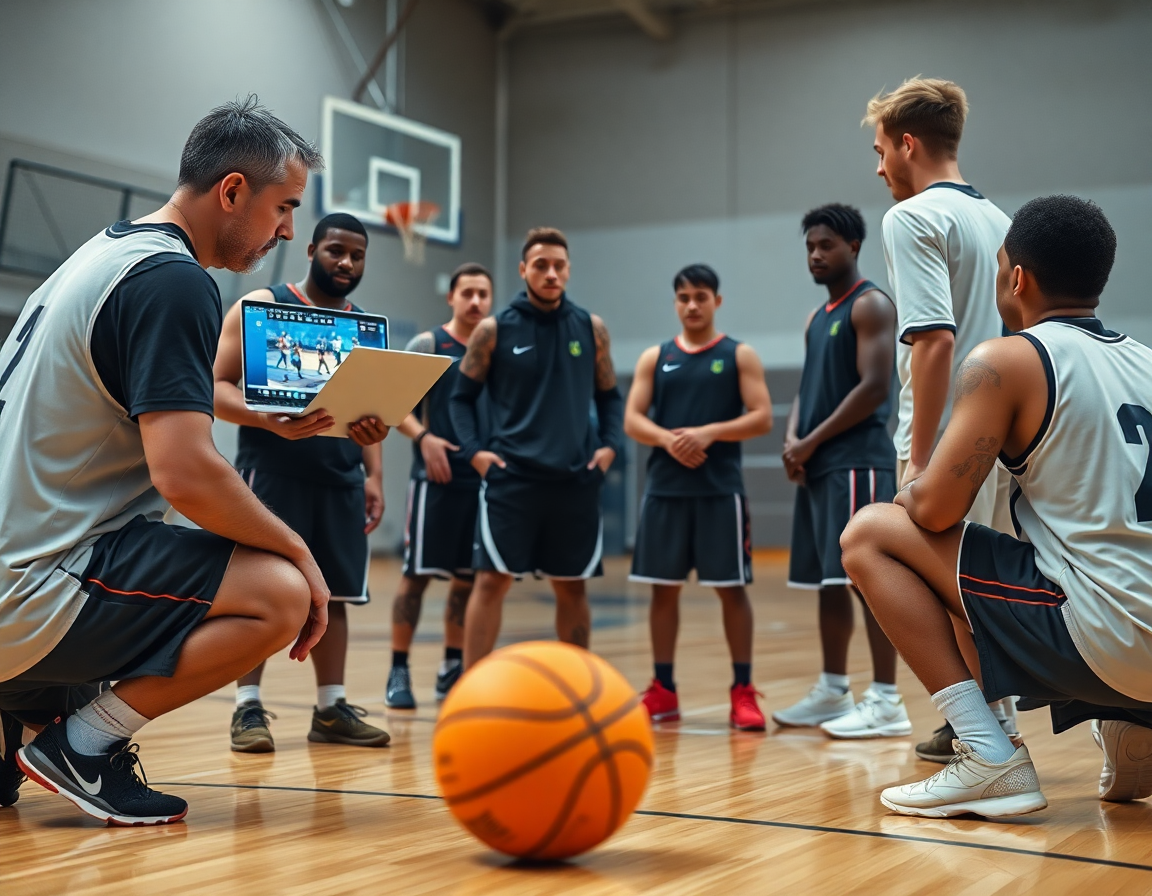 Scouting e clip video su schermo, discussione su basket attacco mezza ruota tra giocatori.