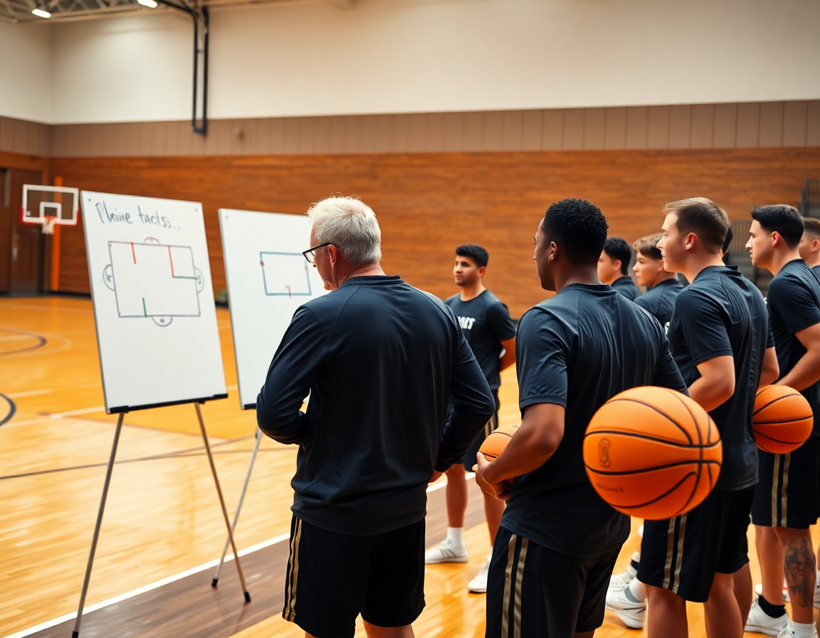 Scena di basket attacco zona 3 2: coach indica schemi sulla lavagna tattica mentre i giocatori ascoltano.