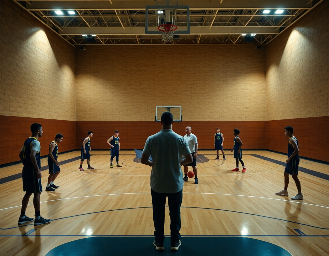Scena di basket attacco zona 3 2: giocatori in spread sul campo di basket mentre l'allenatore indica movimenti.