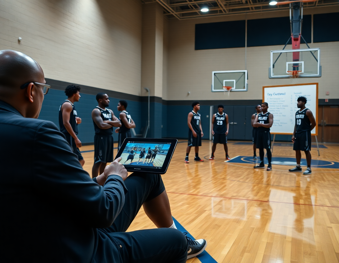 Clip di basket attacco zona 3 2: coach esamina clip sul tablet mentre i giocatori osservano in palestra.