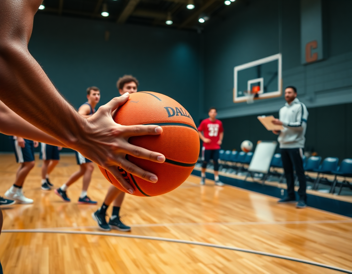 Primo piano sulle mani che passano una palla da basket arancione durante un drill in palestra di basket.