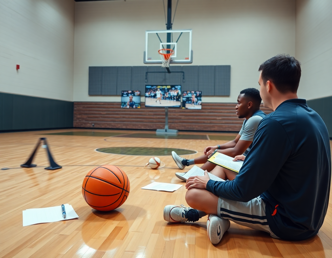 basket come funziona: briefing di scouting post-allenamento su una pista di basket con video e note.