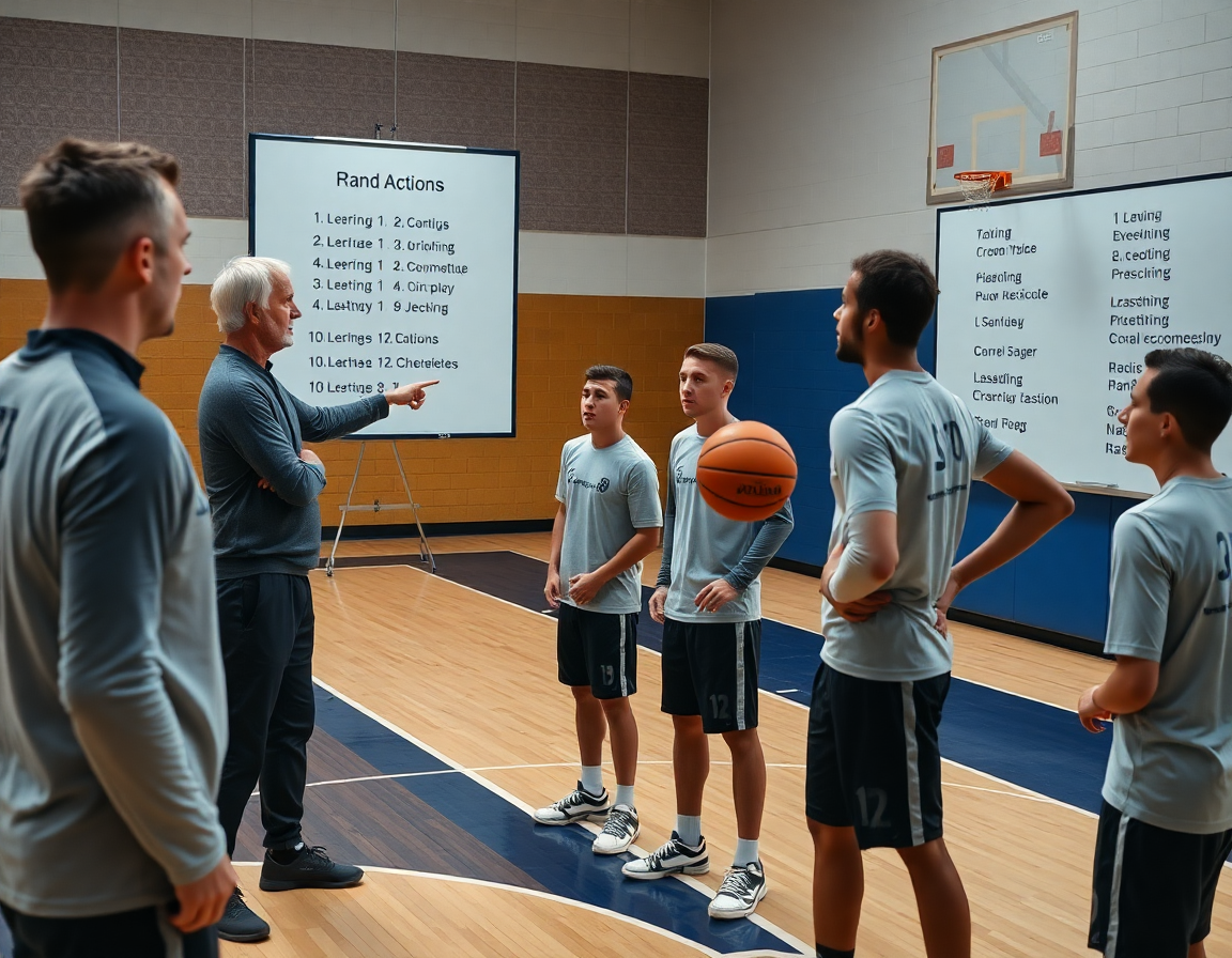 Allenatore indica etichette inglesi su azioni di basket sulla lavagna; basket come si dice in inglese.