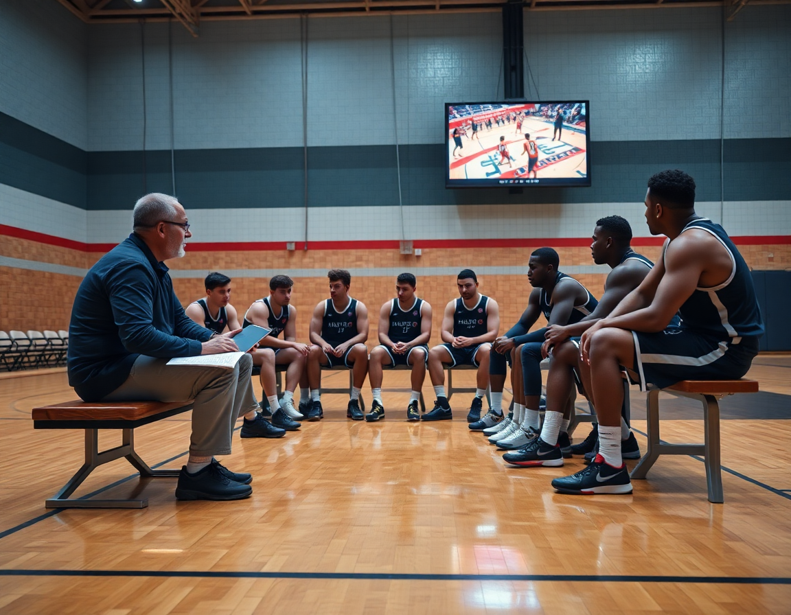 Analista mostra note tattiche in inglese su clip di basket, giocatori ascoltano; basket come si dice in inglese.