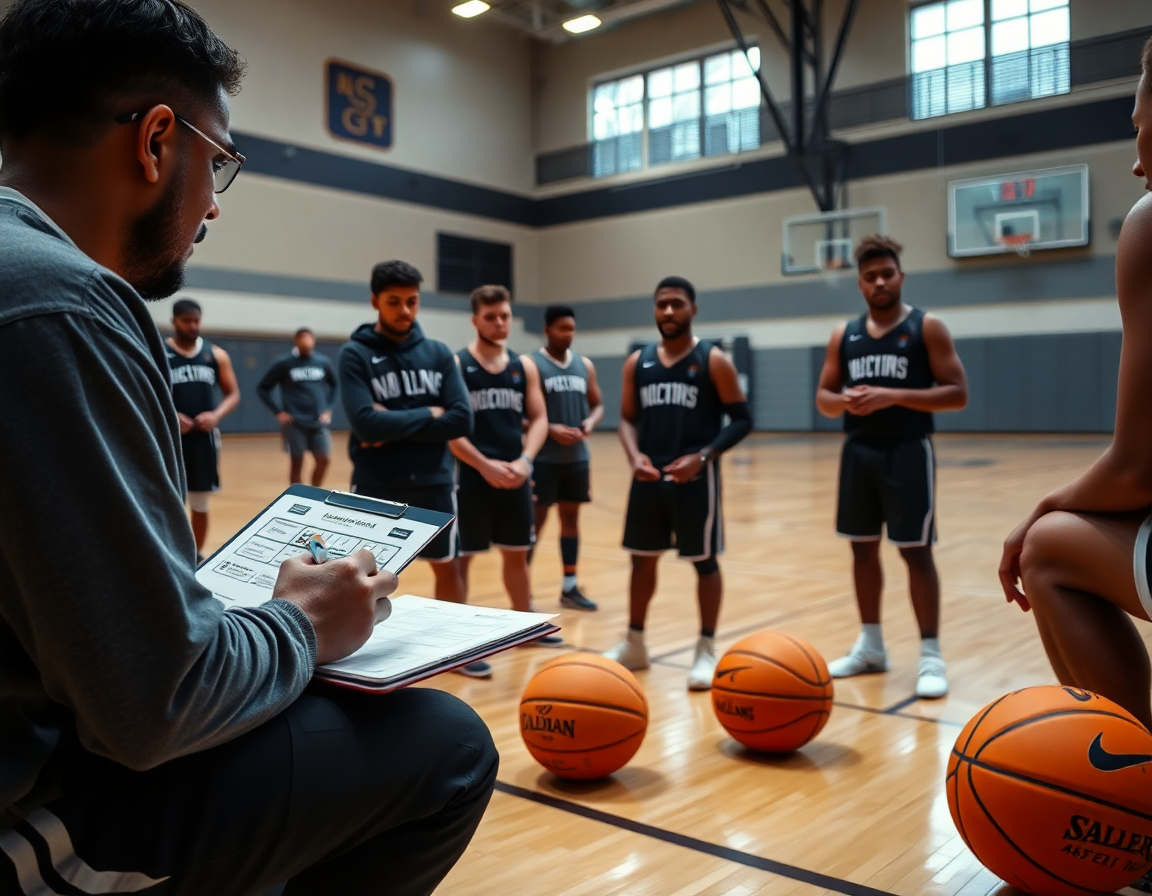 Primo piano su una scena di basket come si gioca: coach mostra una relazione scouting.