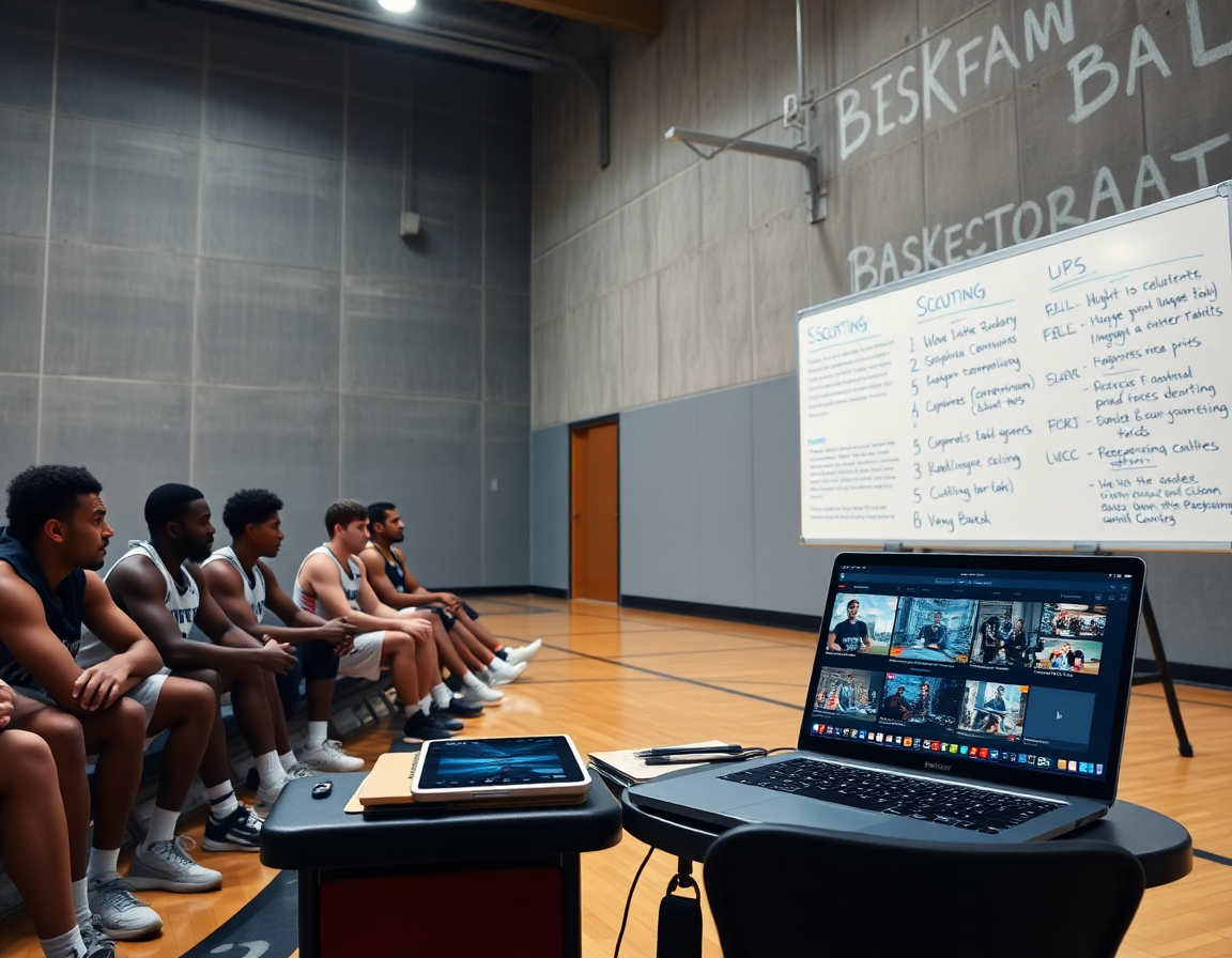 Zona di revisione scouting: giocatori seduti guardano un tablet con clip di basket e una lavagna.