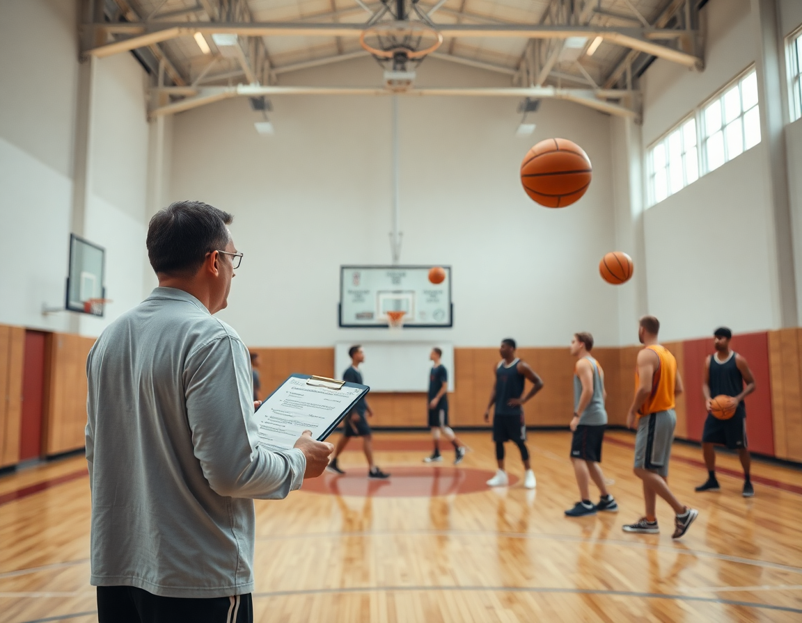 Allenatore con lavagna glossario inglese per basket, squadra in allenamento sul parquet di basket.
