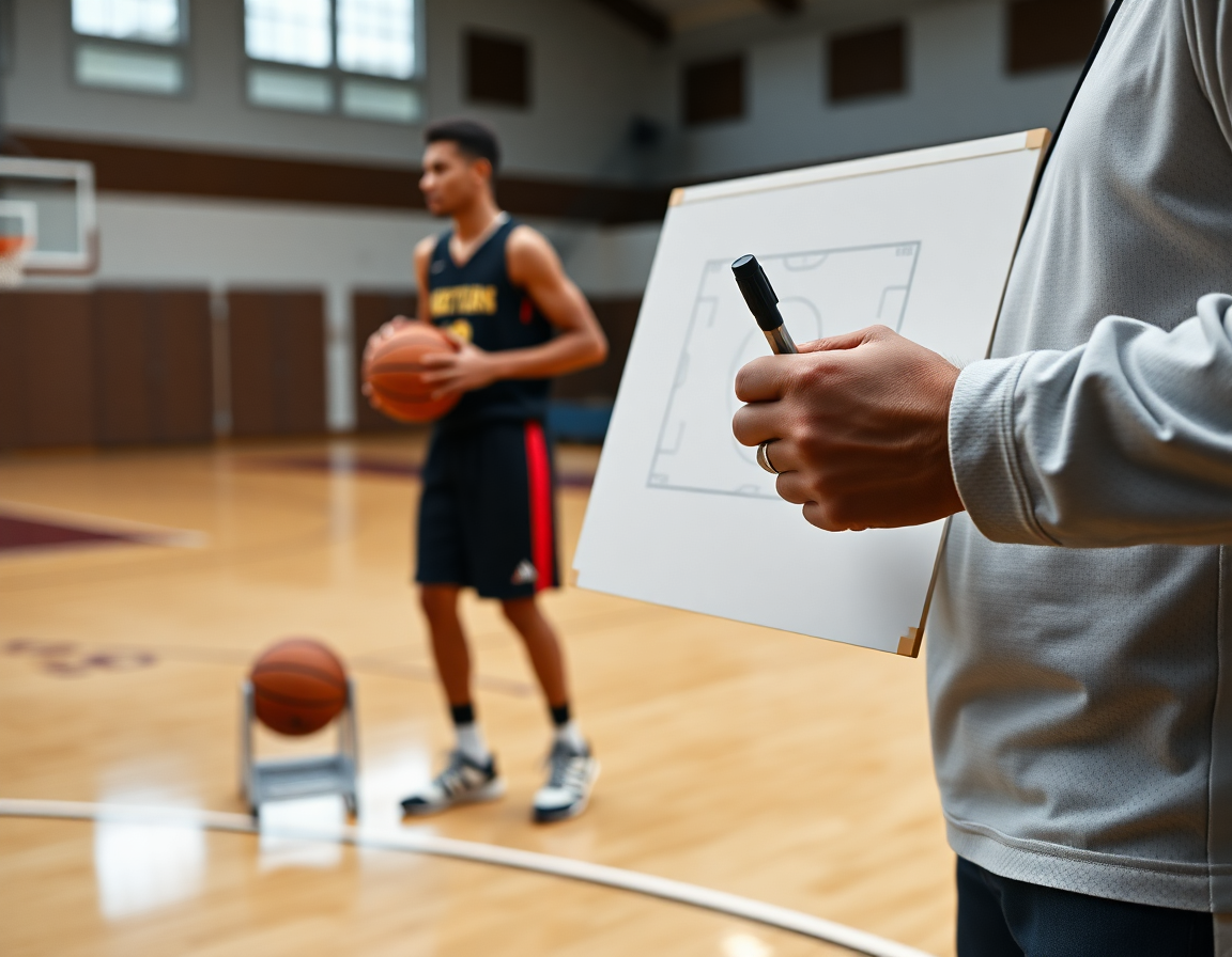 Dettaglio: coach traccia basket esercizi di tiro a squadre su lavagna tattica mentre i giocatori palleggiano.