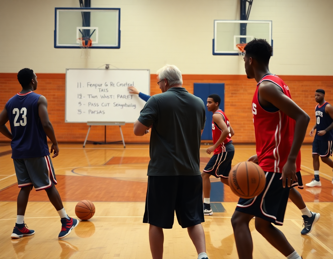 Inquadratura centrale: coach con lavagna, giocatori in fila, basket esercizi di tiro a squadre in palestra.